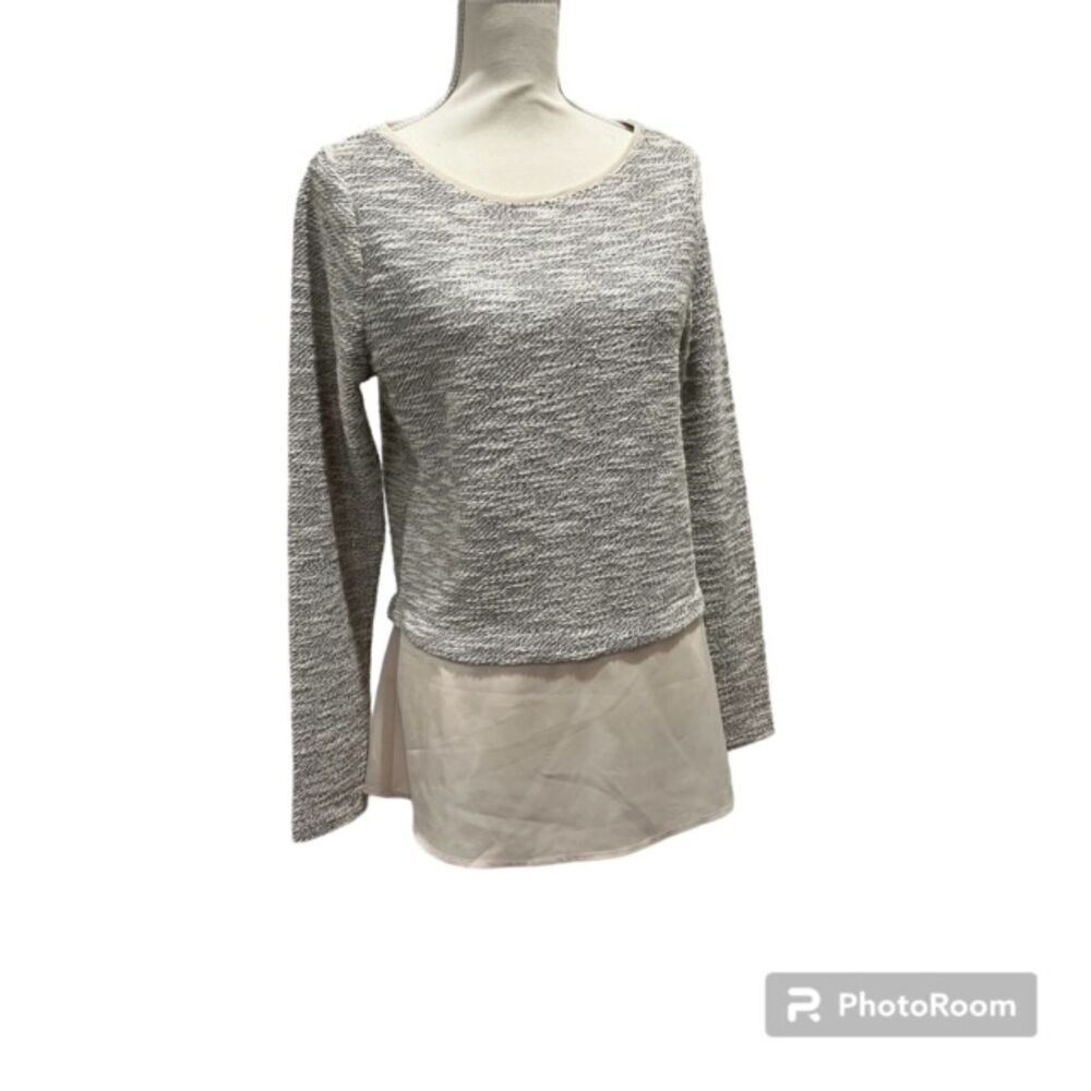 White House Black Market Layered Chiffon Knit Top Long Sleeve Gray White Medium